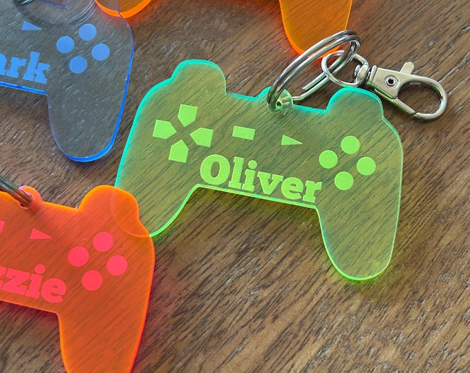 Video game controller bag tag, backpack tag, gamer keychain, custom kids name tag, clear acrylic, kids bag accessories