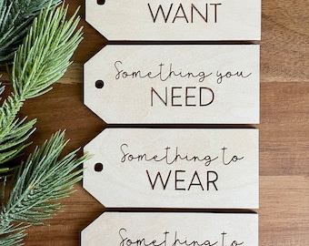 Want Need Wear Read Gift Tags, Engraved Gift Tags, Wooden Gift Tags, Something You Want Tag, Christmas Gift Ideas, 4 gift rule, Gift Tag