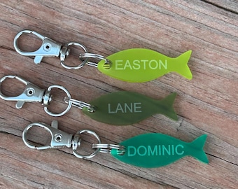 Fish Keychain, Personalized Name Keychain, Fisherman Bag Accessories, Gift for Grandpa, Gifts Under 20, Fish Bag Tag, Custom Kid Name Tag
