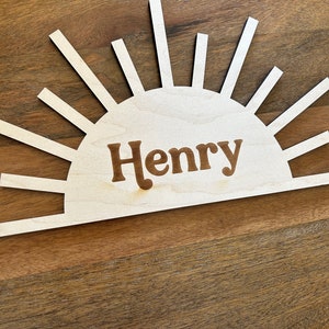 Personalized wooden sun sign, here comes the son nursery decor, baby boy shower, custom name sun sign, baby name sign, engraved sun sign