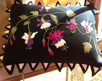 Fuschia Floral  Fantasy Decorative Appliqued Pillow Pattern in Wool