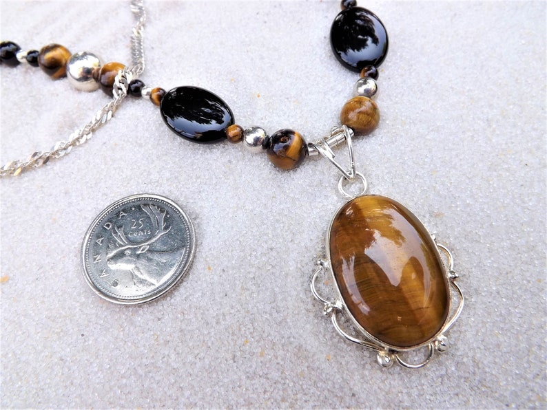 Sterling silver necklace with pendant tiger eye black onyx silver necklace tiger eye pendant NKL104