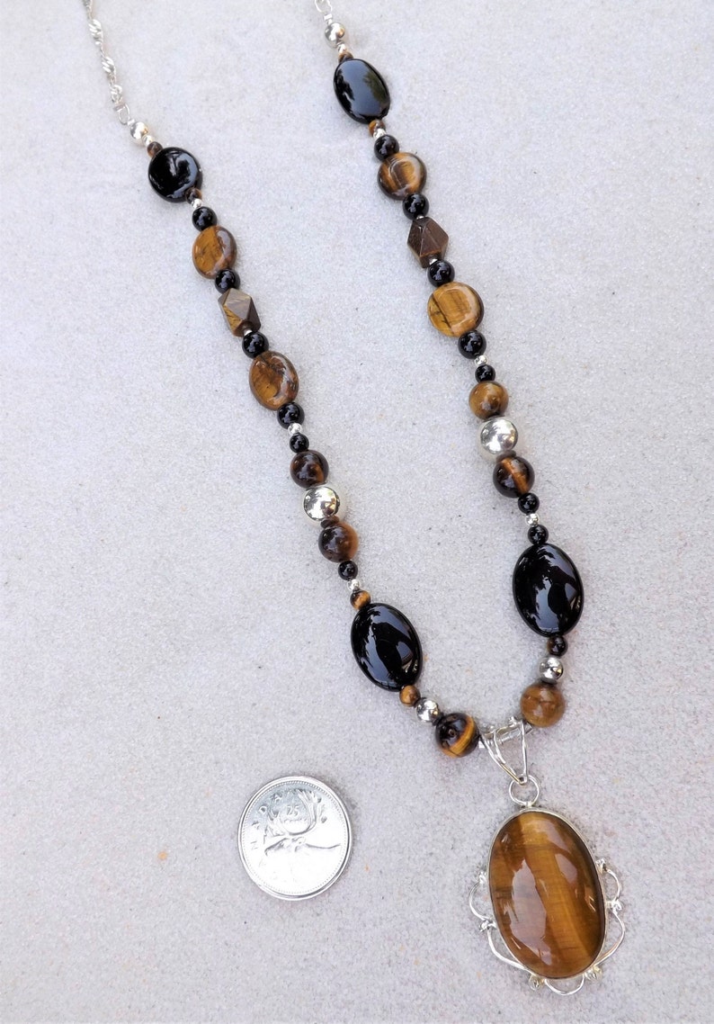 Sterling silver necklace with pendant tiger eye black onyx silver necklace tiger eye pendant NKL104