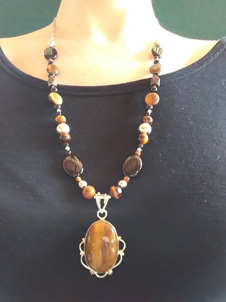 Sterling silver necklace with pendant tiger eye black onyx silver necklace tiger eye pendant NKL104
