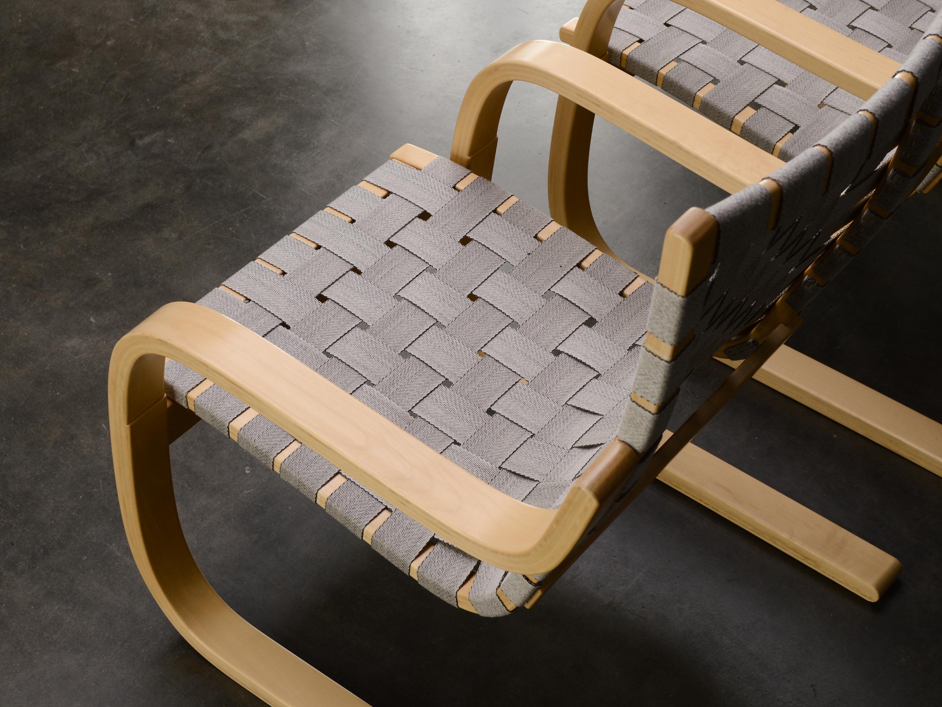 Vintage Alvar Aalto Model 406 Lounge Chairs: Birch & Gray Linen