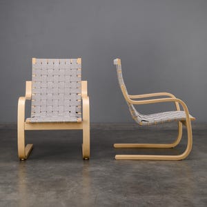 PAIR: Vintage Alvar Aalto Model 406 Lounge Chairs in Birch and Gray Linen Mid-Century Modern