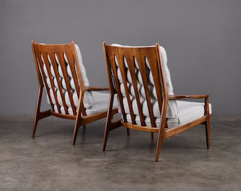 PAIR of Milo Baughman 'Archie' Lounge Chairs Walnut Light Gray Mid-Century Modern