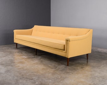 8ft Newly Upholstered 1960's MCM Sofa Couch in Butter Yellow Wool Fabric