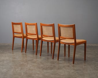 4 Karl Erik Ekselius Mid-Century Scandinavian Dining Chairs in Teak, Cane, and Tan Leather