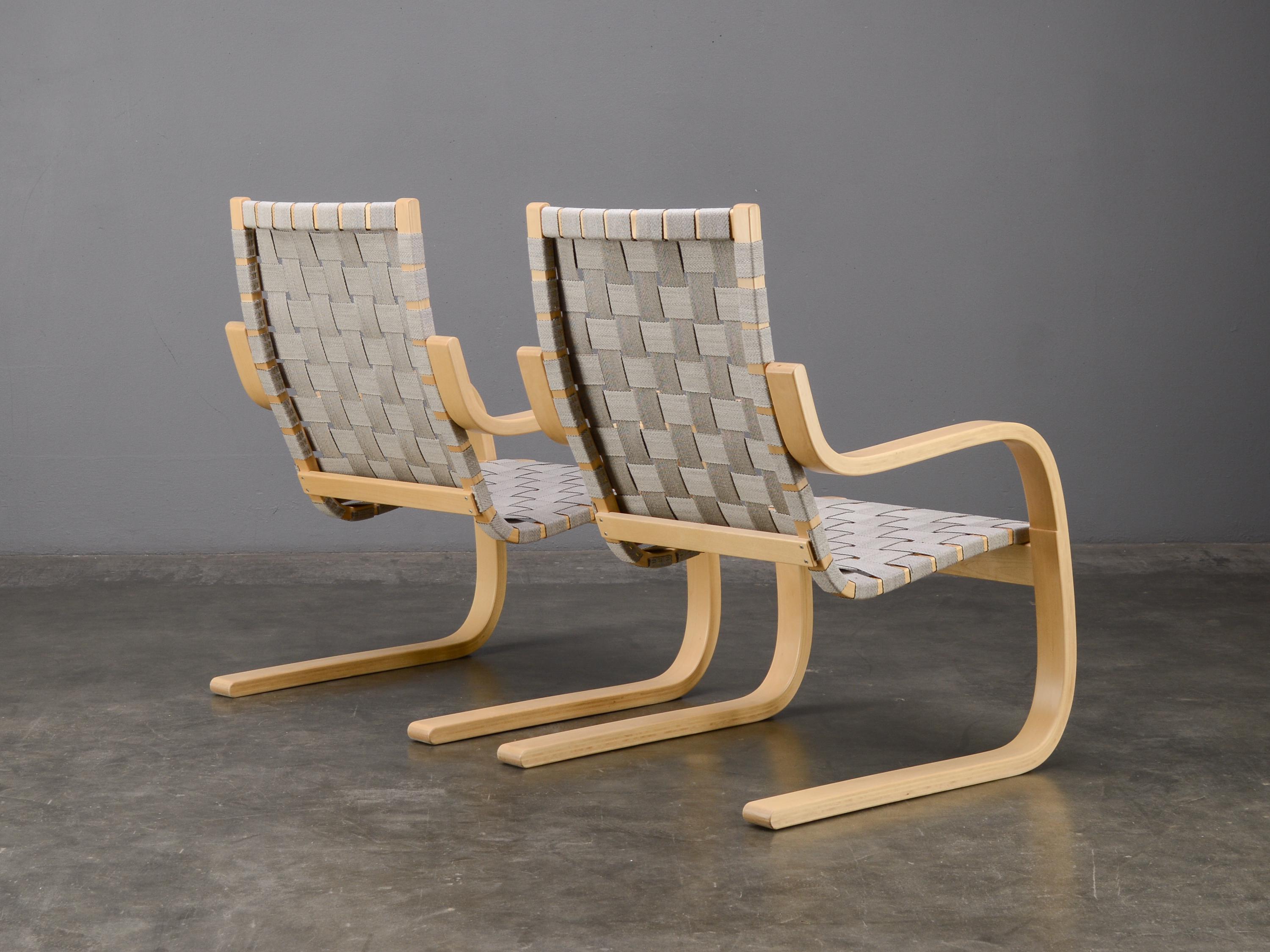 Vintage Alvar Aalto Model 406 Lounge Chairs: Birch & Gray Linen