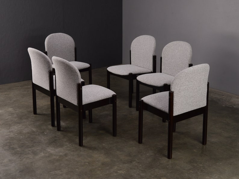 6 Vintage Swedish Post-Modern Dining Chairs Gray Upholstery Restored image 2