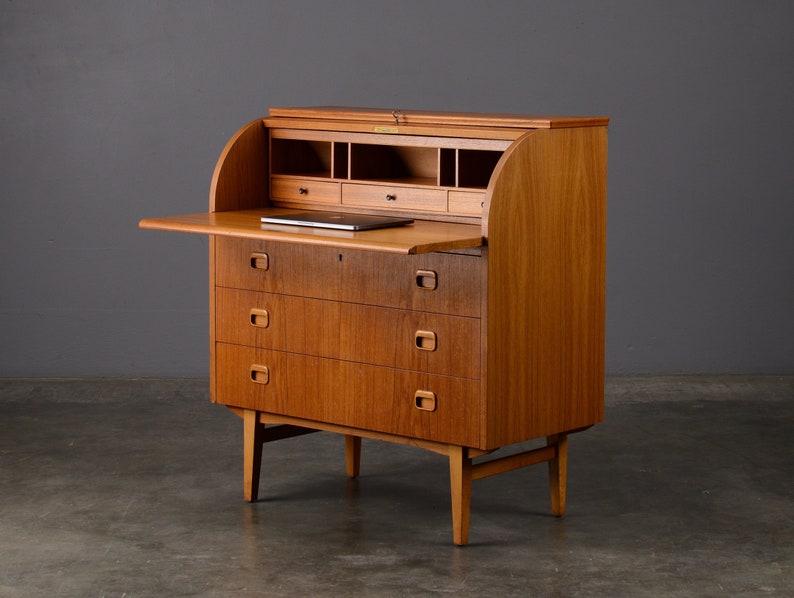 Mid Century Secretary Desk Teak Danish Modern Roll Top Barrel