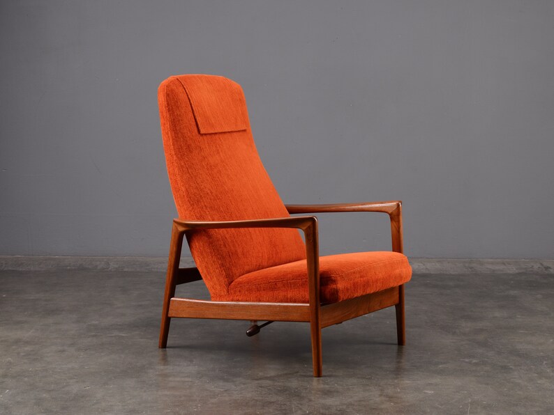 Folke Ohlsson Mid-Century Modern Lounge Chair Recliner Orange Chenille image 1