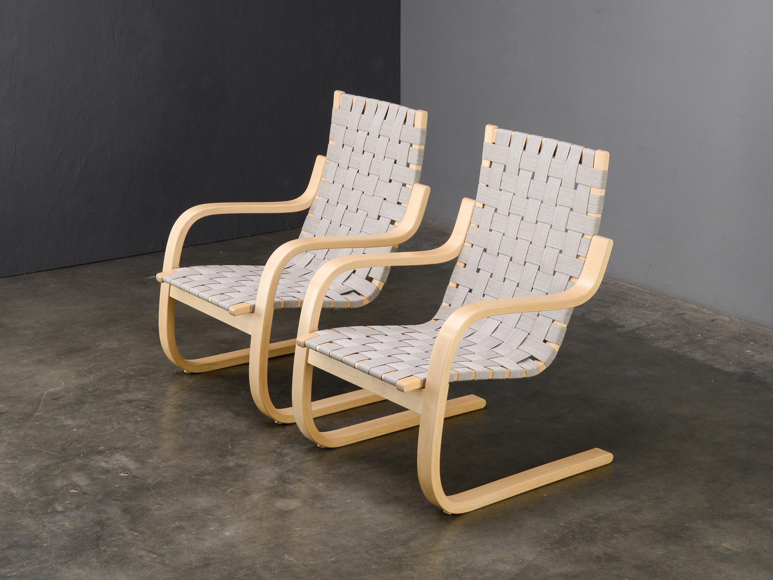 Vintage Alvar Aalto Model 406 Lounge Chairs: Birch & Gray Linen