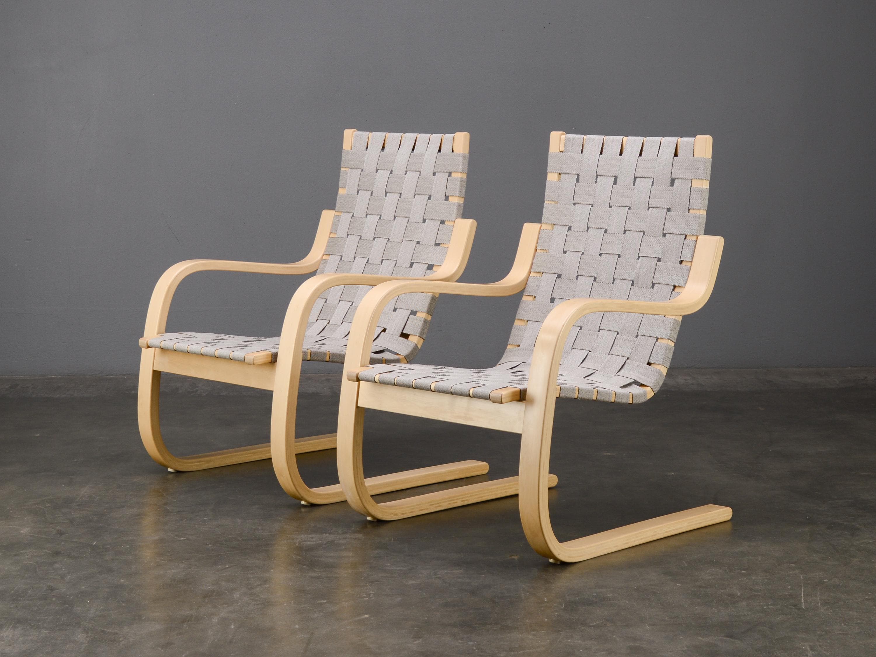 Vintage Alvar Aalto Model 406 Lounge Chairs: Birch & Gray Linen