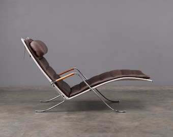 Fabricius & Kastholm Grasshopper Chaise Longue FK87 Brown Leather Chrome Danish Modern