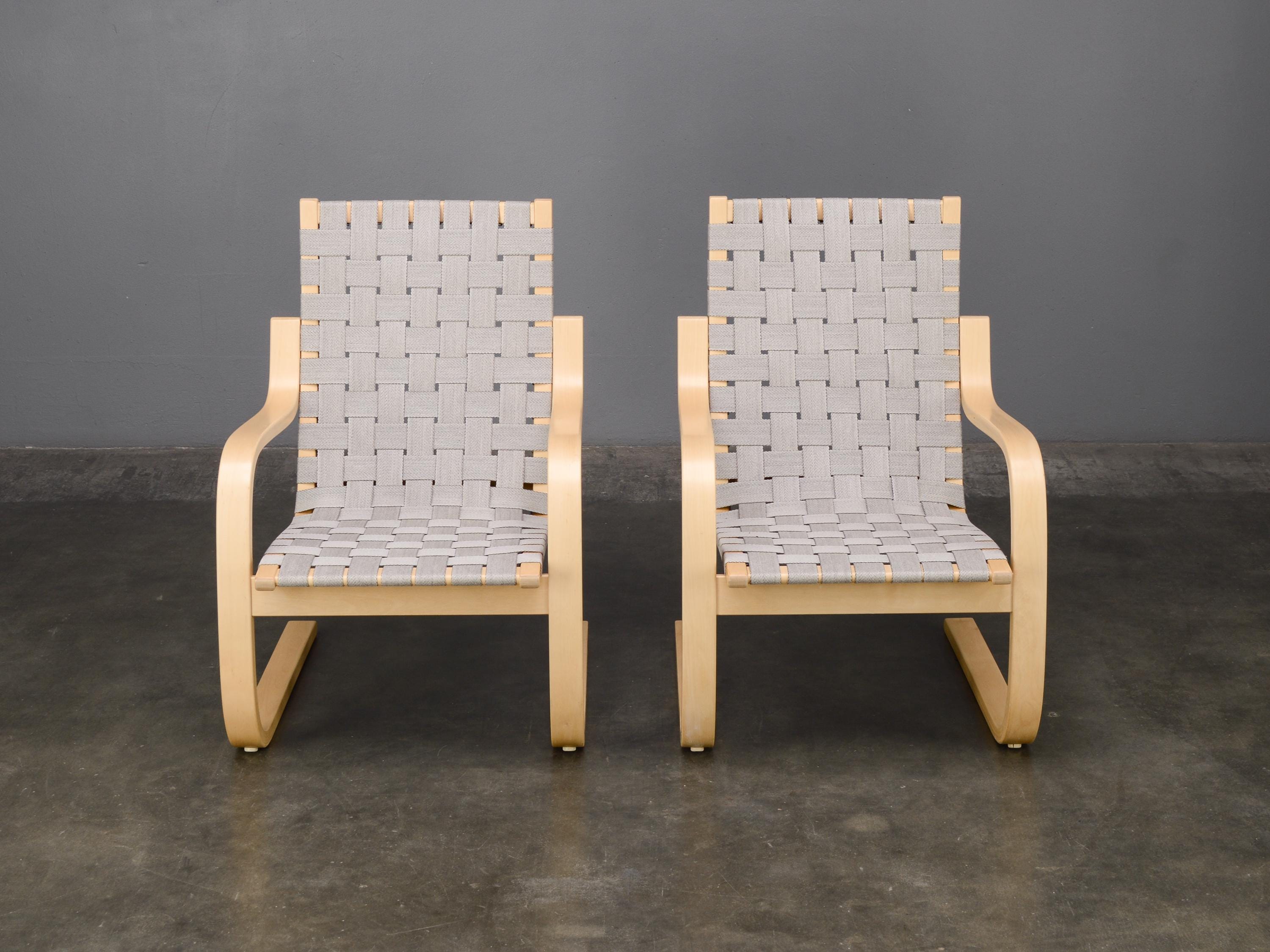 Vintage Alvar Aalto Model 406 Lounge Chairs: Birch & Gray Linen