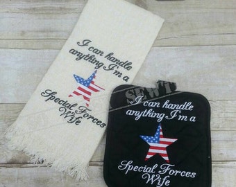 Army Special Forces Wife Embroidered Kitchen Hand Towel & Pot Holder 2pc  Set