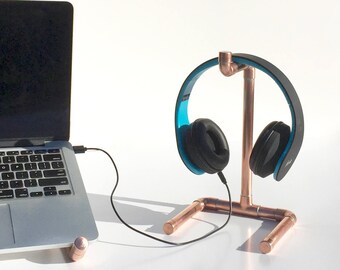 Headphone Stand, Copper Pipe Headset Stand, Industrial Design Modern Office Desk Accessory, Copper Anniversary, DJ Gift, Podcaster Gift