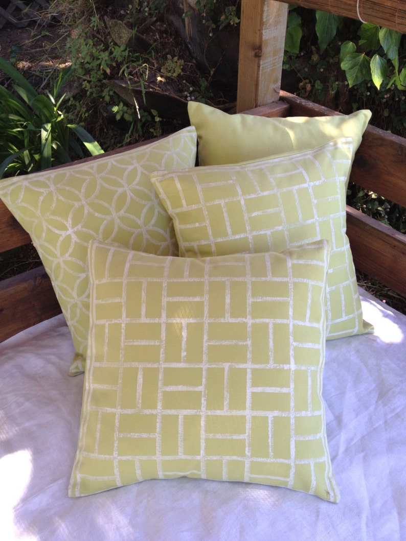 Chartreuse Green Pillow Covers 2 PC Set HandPrinted White Geometric Circles And Squares Patterns Greenery Cottage Decor Housewarming Gift
