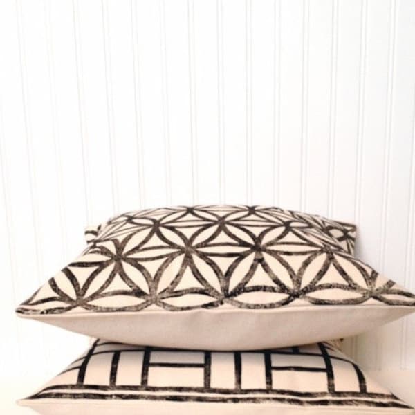 Geometric Pattern Pillow Cover, Black Graphic Decorative Pillow, Handprinted Canvas Pillow, Flower of Life Motif, Graphic Throw Pillow