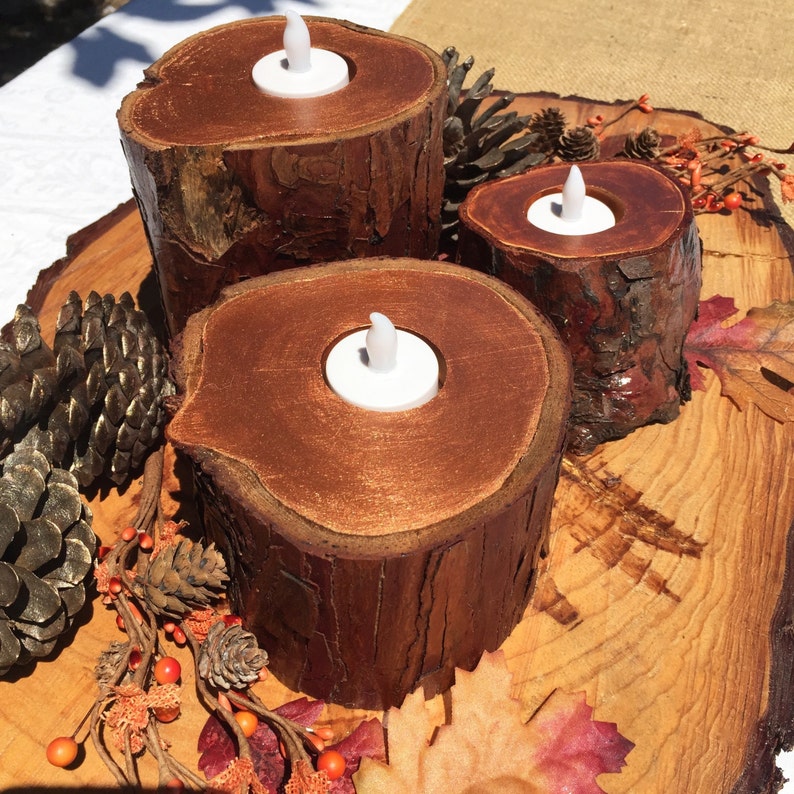 Metallic Copper Tree Stump Candle Holders 3 PC SET Woodland Etsy