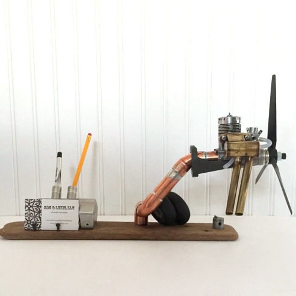 Airplane Decor Desk Organizer Business Card Holder, Vintage RC Airplane Engine & Propeller, Aviation Gift For Pilot, Airplane Office Decor