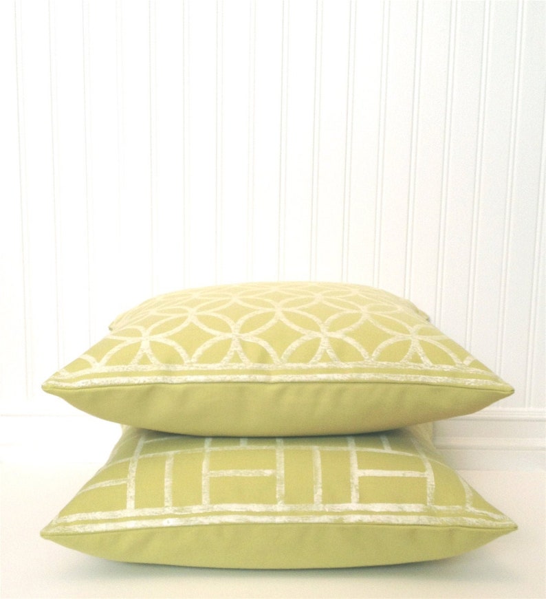 Chartreuse Green Pillow Covers 2 PC Set HandPrinted White Geometric Circles And Squares Patterns Greenery Cottage Decor Housewarming Gift