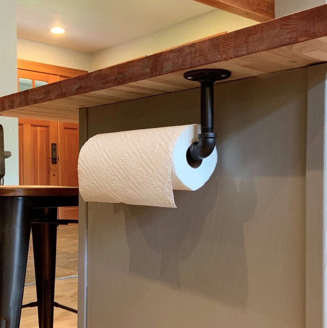Black Electroplated Pipe Tissue Holder for Bathroom Toilet Roll Holder Wall Mount with Wood Shelf Storage Washroom Industrial Paper Tower Holder 