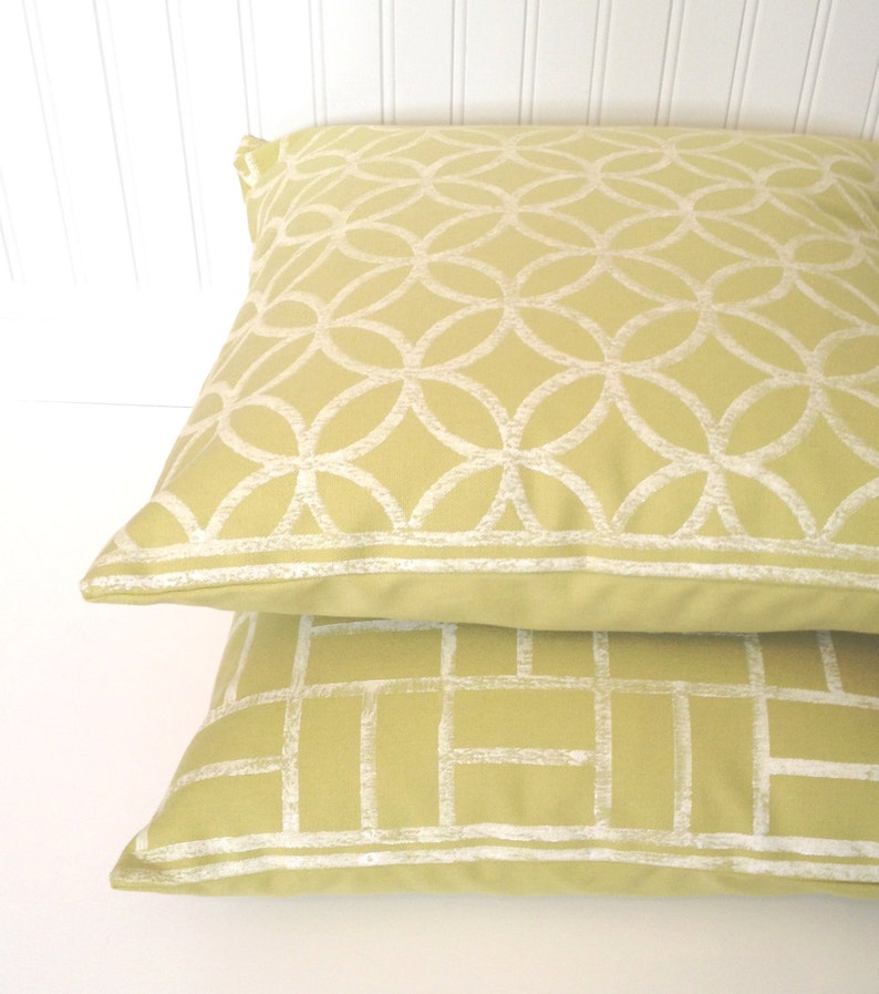 Chartreuse Green Pillow Covers 2 PC Set HandPrinted White Geometric Circles And Squares Patterns Greenery Cottage Decor Housewarming Gift