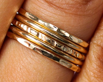 5 Gold Rings Polished Hammered Thin Stack Ring Set