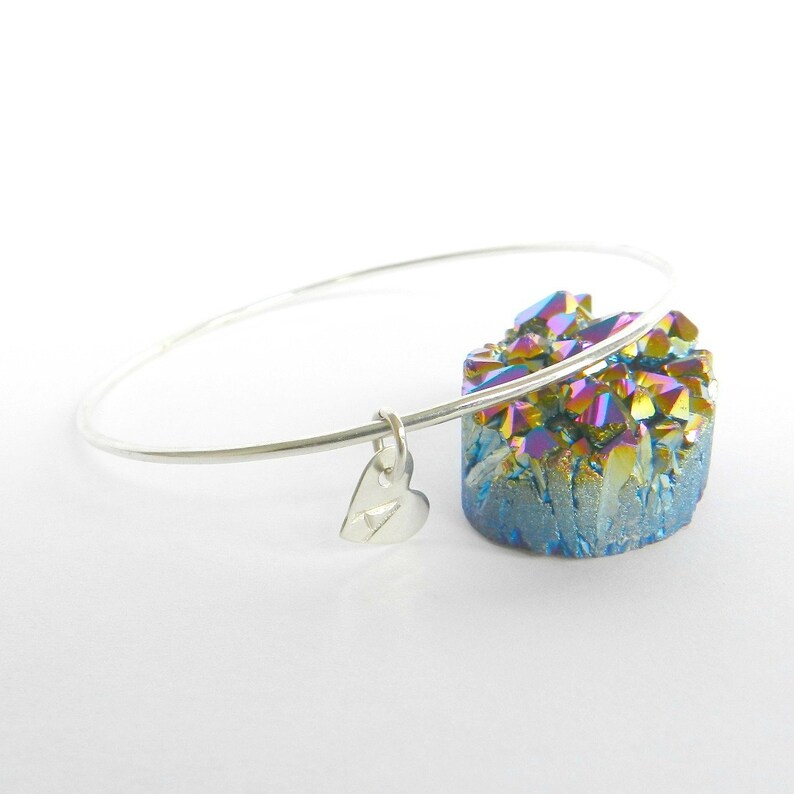 Mothers Initial Sterling Silver Bangle Polished Bracelet w Sterling Heart Charm