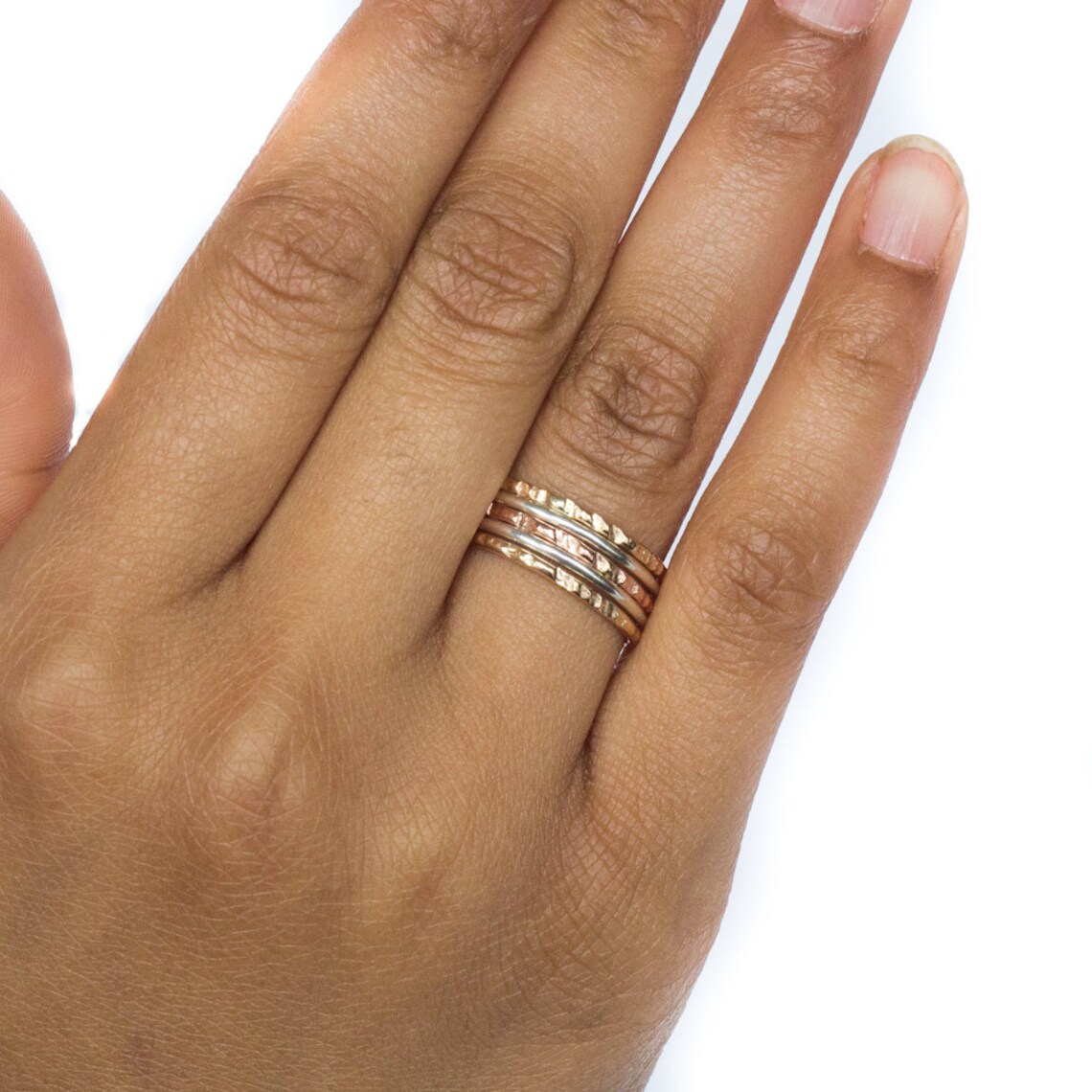 Tri Color Stack Rings 5 Band Stacking Ring Set Hammered Yellow Gold ...