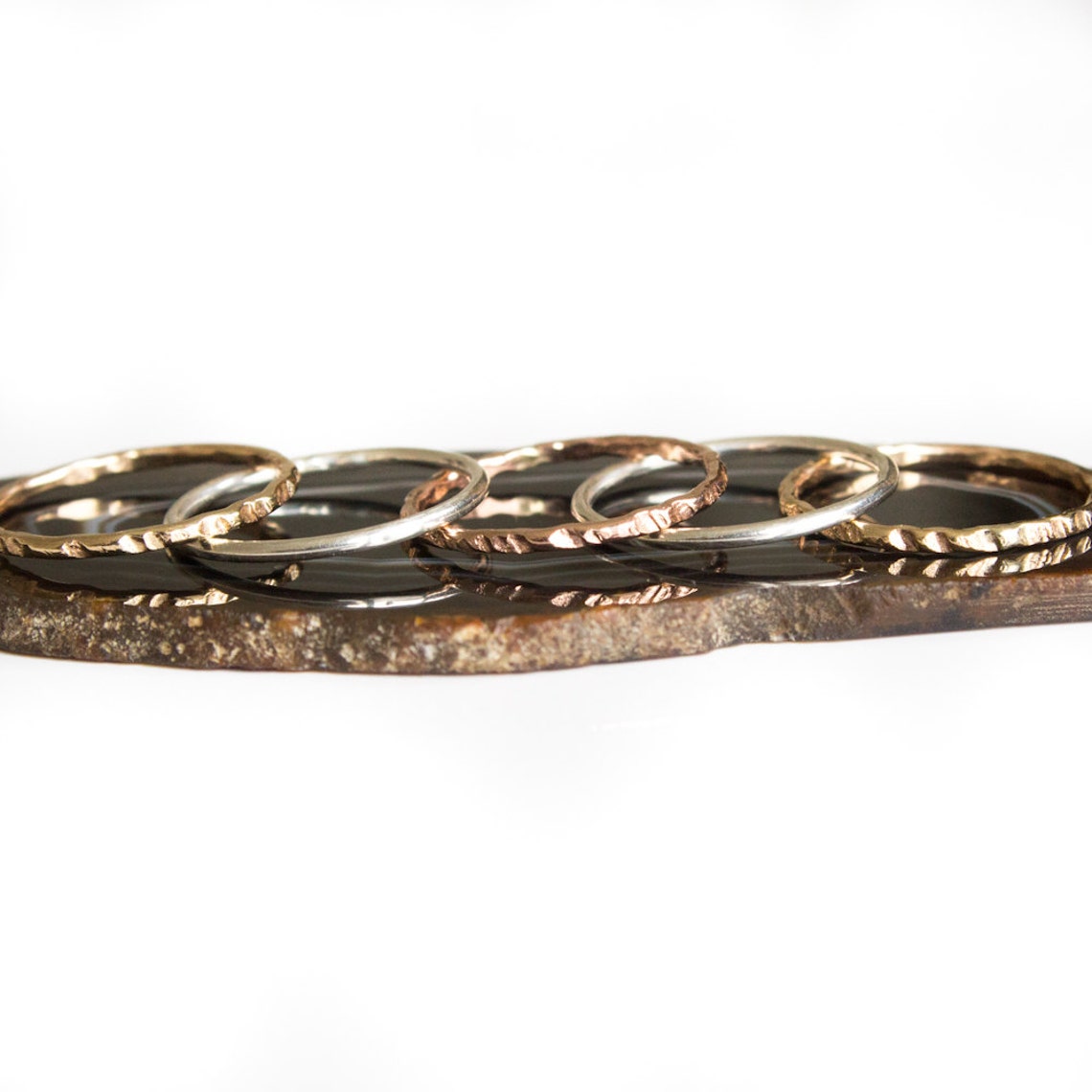Color Stack Ring Tri Color Stack Rings 5 Band Stacking Ring Set Hammered Yellow Gold ...