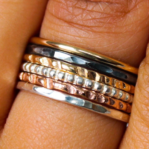 Mixed Metals Ring Set Hammered Stack Rings Stackable Ring Set Hammered Ring Set Mixed Metal Rings Sterling Silver Stack Rings Gift for Women