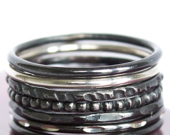 Blackened Silver Stack Ring Set Stackable Black Ring Set 7 Ring Thin Black Band Set Oxidized Silver Stacking Rings Hammered Smooth Rings 925