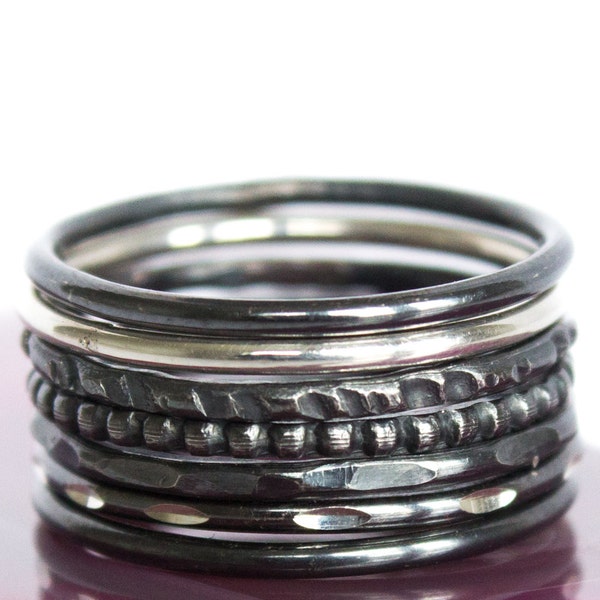 Blackened Silver Stack Ring Set Stackable Black Ring Set 7 Ring Thin Black Band Set Oxidized Silver Stacking Rings Hammered Smooth Rings 925