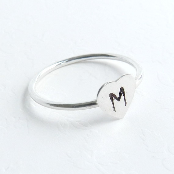 Heart Initial Ring Sterling Silver Polished Personalized Stack Ring