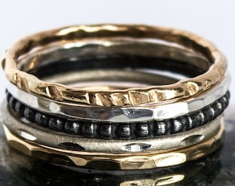 Unique Stacking Rings Textured Thin Stackable Ring Set Vivid Contrast Mixed Metal Ring Stack Rings as Shown or Restack 2 Create a New Look