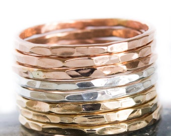 Rose Gold Ring Set - Tri Color Rose Gold, Yellow Gold,Sterling Silver Hammered Stacking Ring Set Tri Color Ring Set Tri Color Stack Set Gift