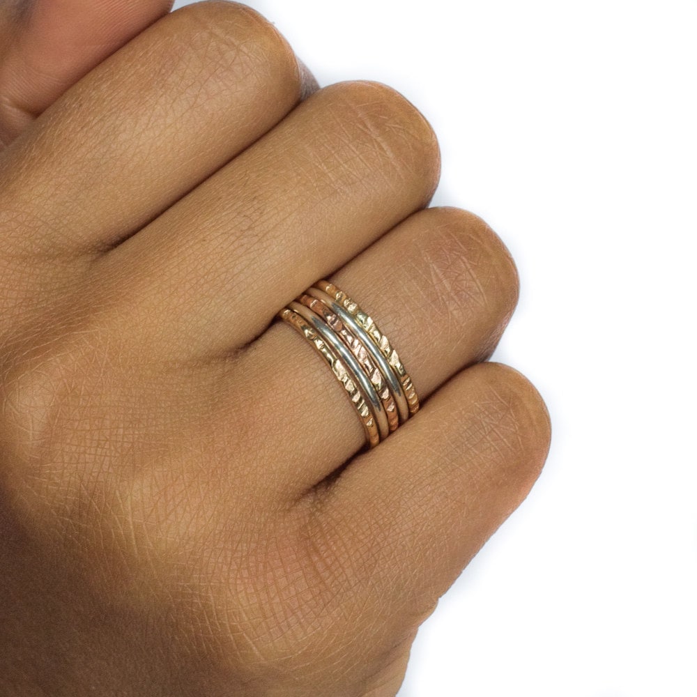 Tri Color Stack Rings 5 Band Stacking Ring Set Hammered Yellow Gold ...