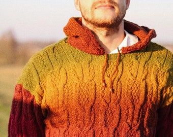 Man hoody knitted from wool with plaits sweater Christmas gift