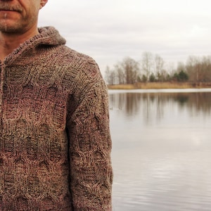 Man hoody knitted from brown wool with plaits Christmas gift