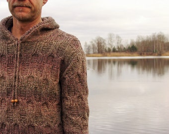 Man hoody knitted from brown wool with plaits Christmas gift