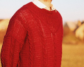 Man sweater knitted from wool with plaits Christmas gift