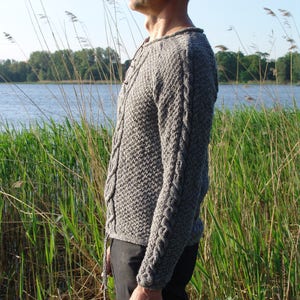 Man sweater gray knitted from wool with plaits Christmas gift image 2