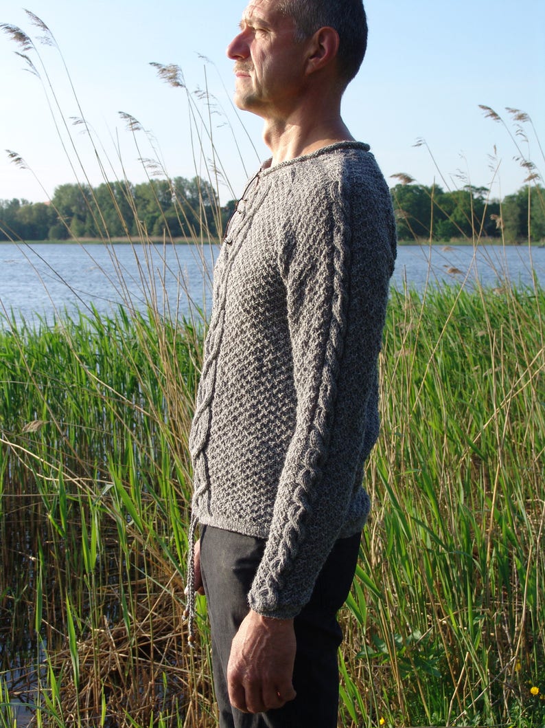 Man sweater gray knitted from wool with plaits Christmas gift image 2
