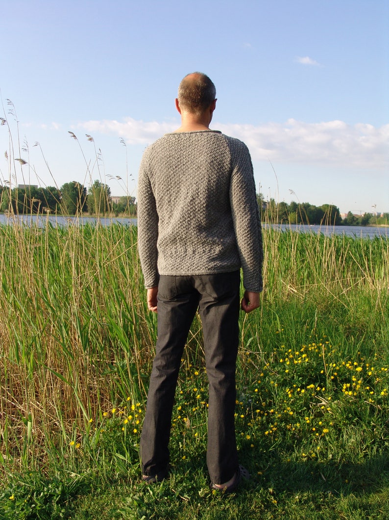 Man sweater gray knitted from wool with plaits Christmas gift image 5