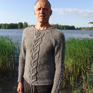 Man sweater gray knitted from wool with plaits Christmas gift image 6
