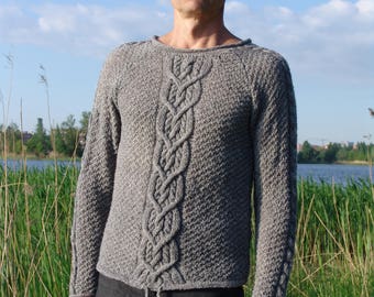 Man sweater gray knitted from wool with plaits  Christmas gift